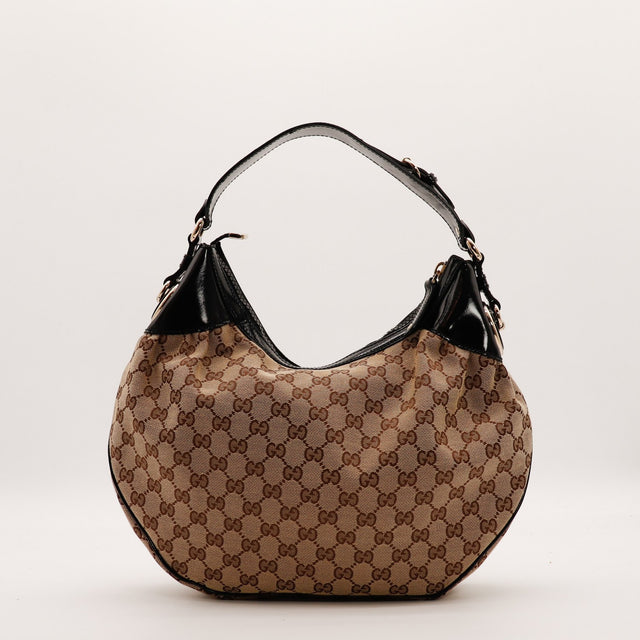 Hobo Demi Lune Gucci toile monogrammée cuir verni noir vue de face occasion authentique — AMANA Vintage