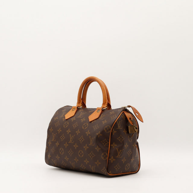 Sac Louis Vuitton Speedy 25 vue trois quarts cuir vachette patiné — AMANA Vintage