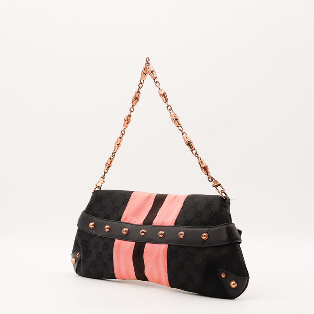Détail du mors Gucci Pochette Horsebit toile monogrammée noire occasion authentique — AMANA Vintage