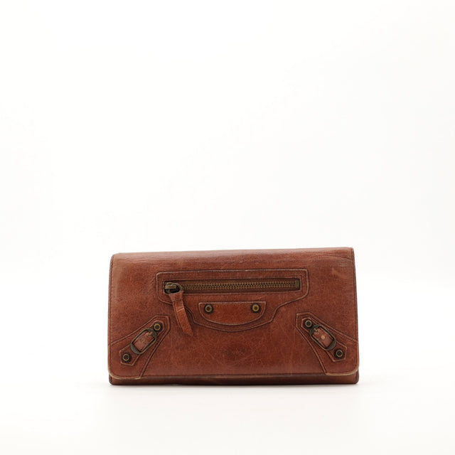 Portefeuille Balenciaga Money cuir agneau marron vue de face occasion authentique — AMANA Vintage
