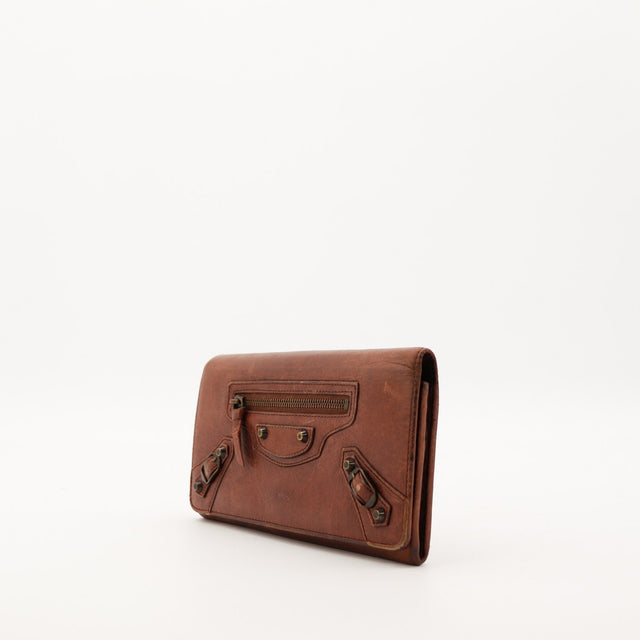 Portefeuille Balenciaga Money marron vue de trois quarts droite — AMANA Vintage