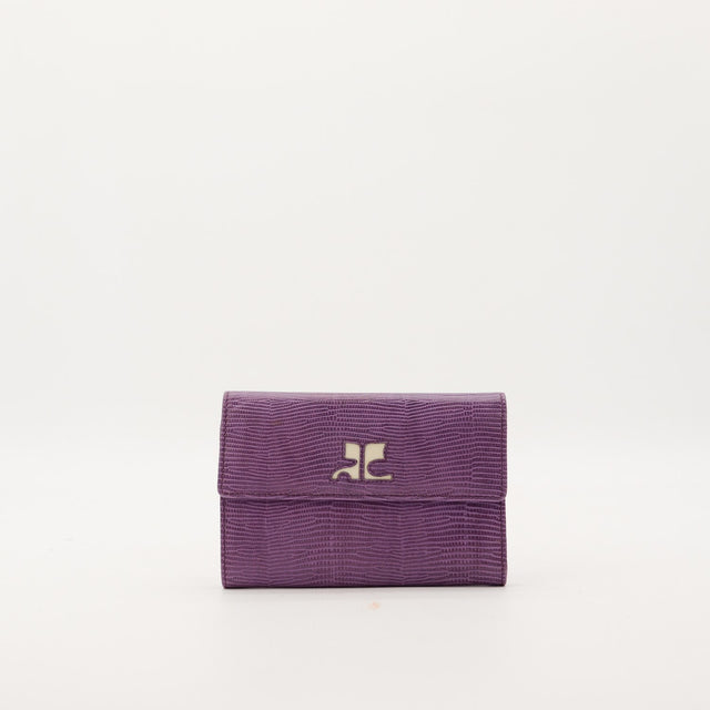 Portefeuille Courrèges cuir grainé lézard violet vue de face occasion authentique — AMANA Vintage