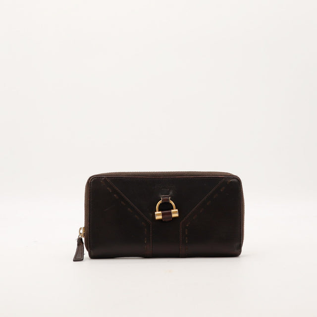 Portefeuille zippé long Yves Saint Laurent cuir marron foncé vue de face occasion authentique — AMANA Vintage