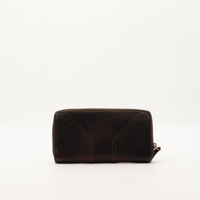 Portefeuille zippé Yves Saint Laurent cuir marron vue de dos détail coutures — AMANA Vintage
