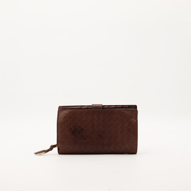 Vue de dos portefeuille Bottega Veneta Intrecciato cuir marron tressé — AMANA Vintage