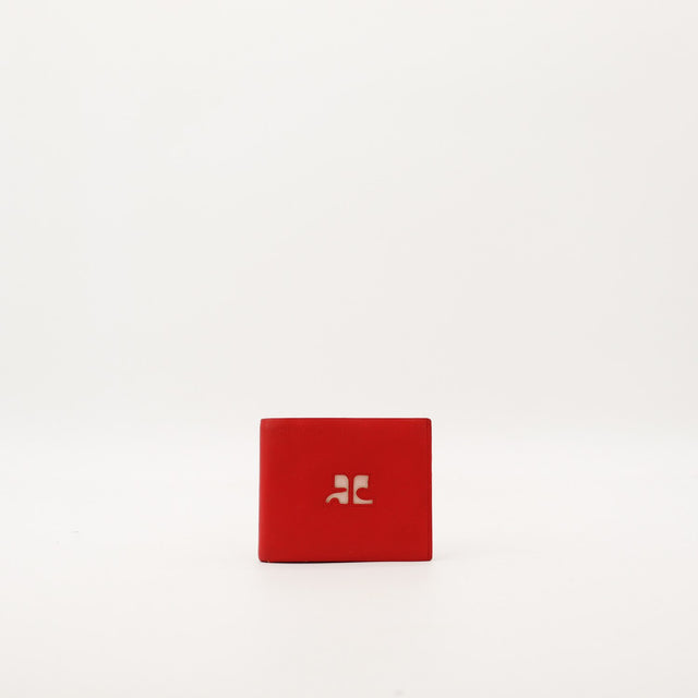 Portefeuille compact Courrèges cuir rouge vue de face logo découpé occasion authentique — AMANA Vintage