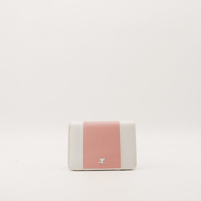 Portefeuille compact Courrèges cuir ivoire bordeaux bicolore vue de face occasion authentique — AMANA Vintage
