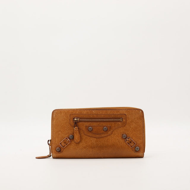 Portefeuille Continental Balenciaga cuir camel vue de face occasion authentique — AMANA Vintage