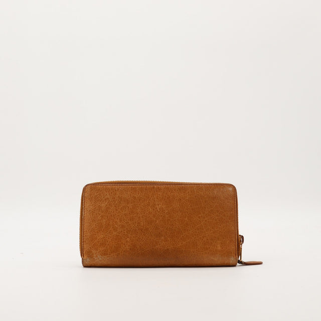 Dos portefeuille Continental Balenciaga craquelures cuir camel occasion — AMANA Vintage