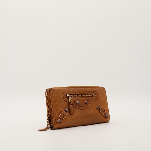 Vue trois quarts droite portefeuille Continental Balenciaga cuir camel — AMANA Vintage