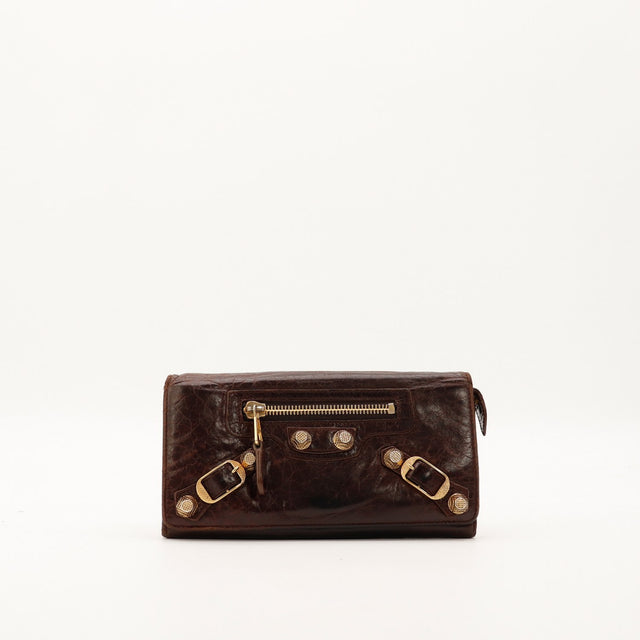 Portefeuille continental Balenciaga cuir marron vue de face quincaillerie doree occasion authentique — AMANA Vintage
