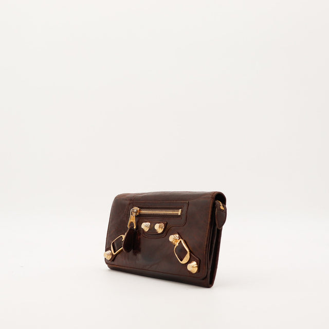 Portefeuille Balenciaga marron vue de trois quarts gauche boucles dorees — AMANA Vintage