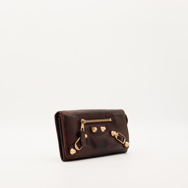 Vue de trois quarts droite portefeuille Balenciaga marron argenterie doree occasion — AMANA Vintage