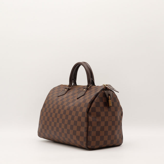 Détail anses cuir Louis Vuitton Speedy 30 Damier Ébène occasion authentique — AMANA Vintage