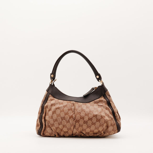 Detail anse cuir grainé marron Gucci Hobo D-Ring — AMANA Vintage