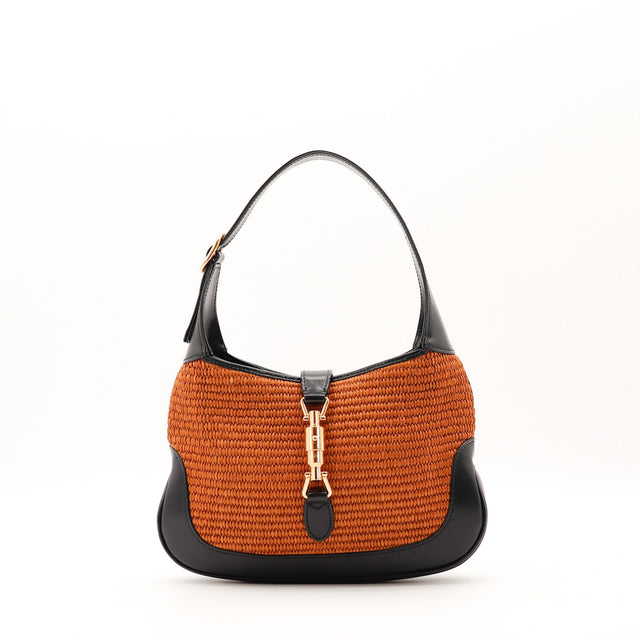 Sac Gucci Jackie 1961 raphia orange et cuir noir vue de face occasion authentique — AMANA Vintage