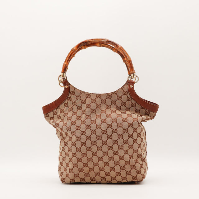 Sac Gucci Tote Bag Bambou toile monogrammée beige vue de face occasion authentique — AMANA Vintage