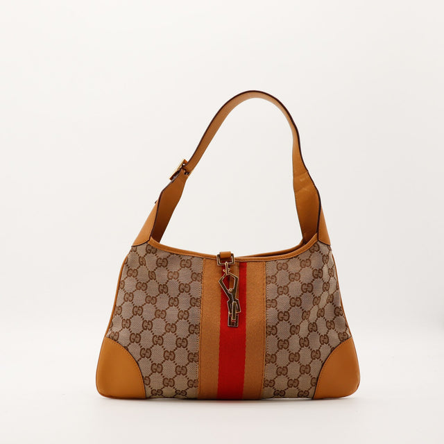 Sac Gucci Jackie Web toile GG Canvas camel vue de face occasion authentique — AMANA Vintage