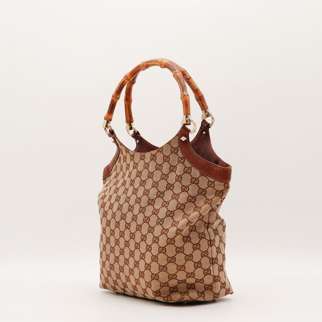 Intérieur doublure textile brune Gucci Tote Bag Bambou occasion authentique — AMANA Vintage