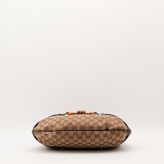 Détail coins toile monogrammée Gucci Hobo Bambou occasion authentique — AMANA Vintage