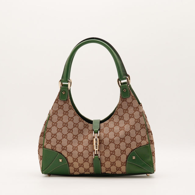 Sac Gucci Jackie toile monogrammée beige et cuir vert vue de face occasion authentique — AMANA Vintage