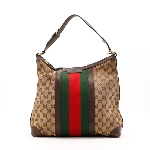 Sac Gucci Hobo Web toile GG Canvas beige marron vue de face occasion authentique — AMANA Vintage