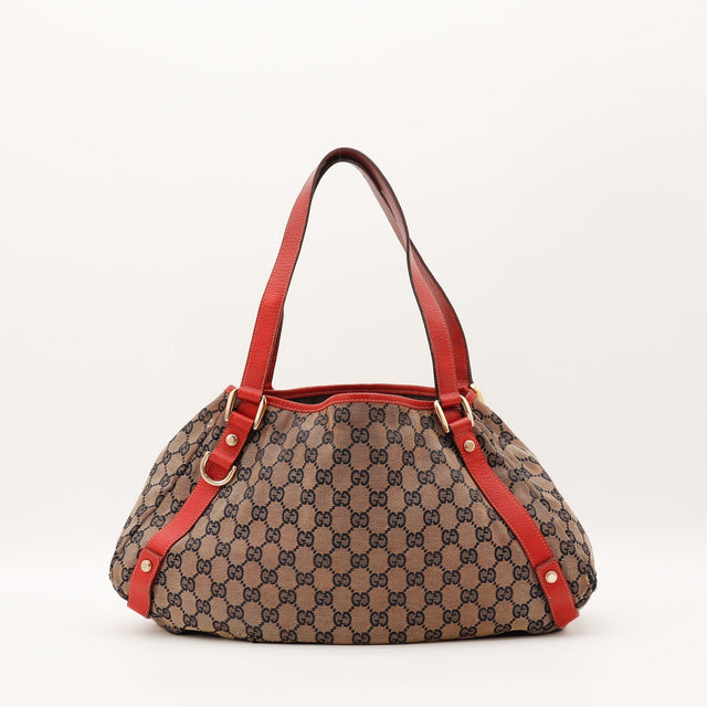 Sac Gucci Abbey D-Ring toile GG beige bleu marine vue de face occasion authentique — AMANA Vintage