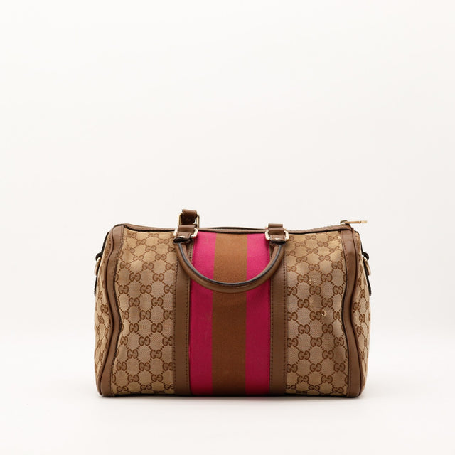 Sac Gucci Boston Web vue de face cote bandouliere toile GG occasion — AMANA Vintage