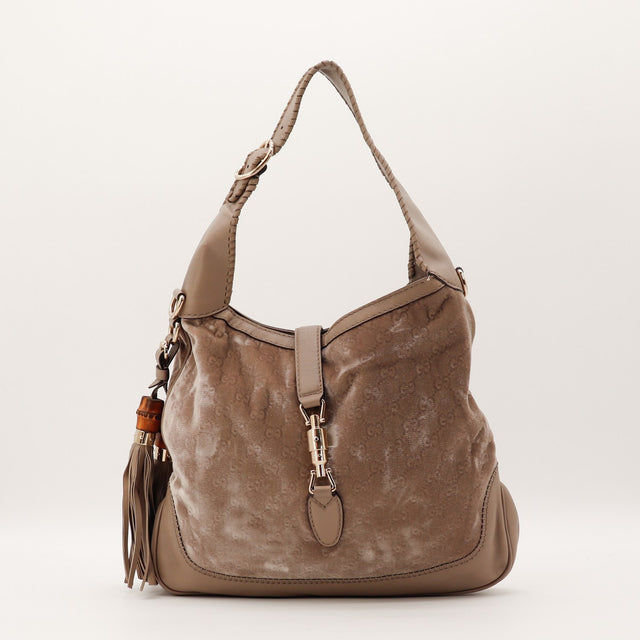 Sac Gucci New Jackie velours monogrammé taupe vue de face occasion authentique — AMANA Vintage