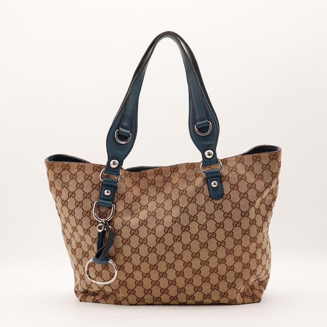 Sac cabas Gucci Tote toile monogrammée beige et ébène vue de face occasion authentique — AMANA Vintage