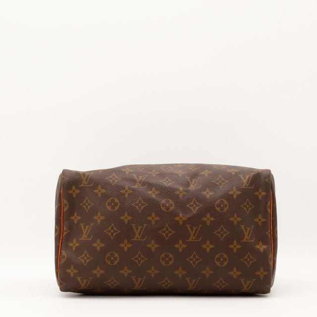 Gros plan de la fermeture éclair Louis Vuitton Speedy 30 Toile Monogramme occasion authentique — AMANA Vintage