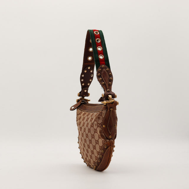 Vue de profil opposé sac Gucci Hobo Web sangle Web et cuir marron — AMANA Vintage