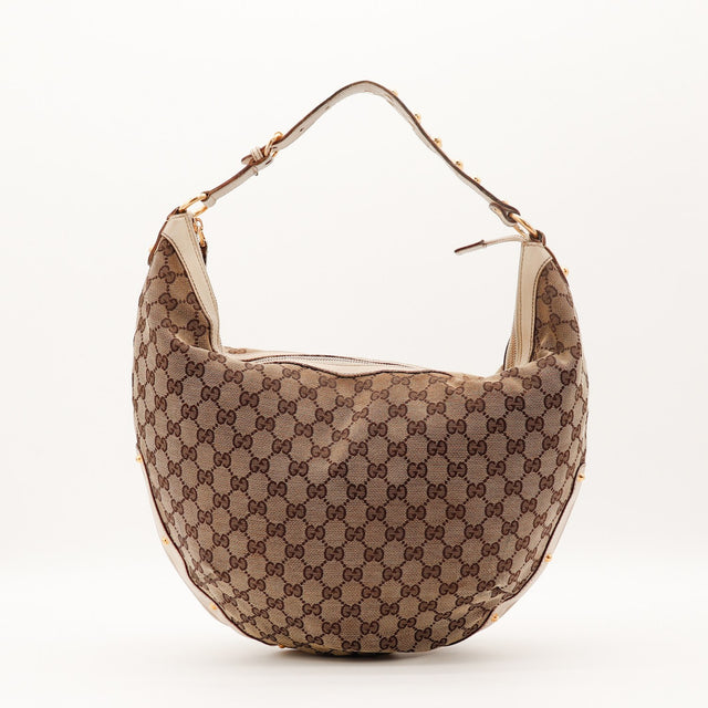 Sac Gucci Hobo toile GG beige clous dorés vue de face occasion authentique — AMANA Vintage