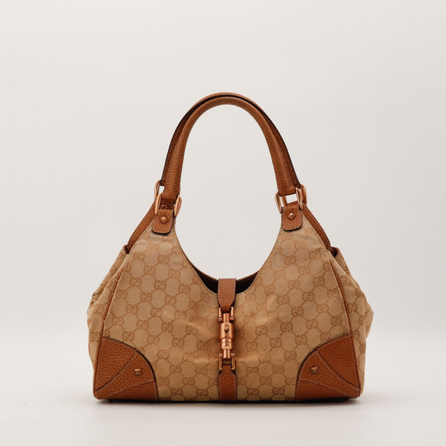 Sac Gucci Hobo Bambou toile GG Canvas beige marron vue de face occasion authentique — AMANA Vintage