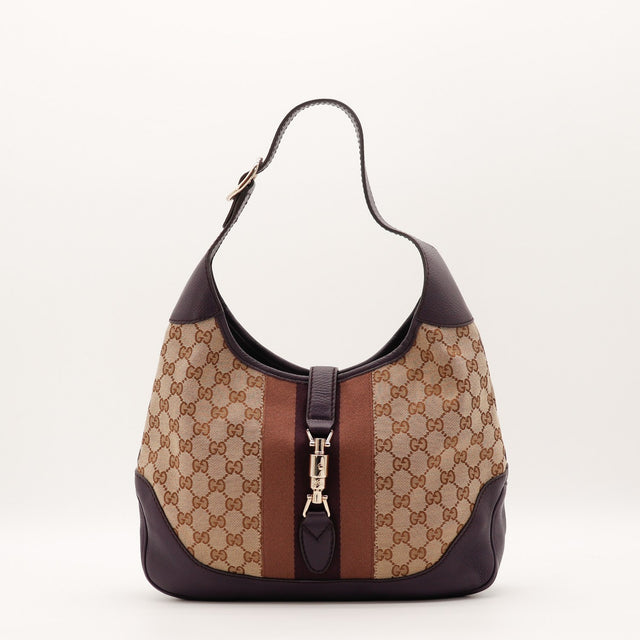Sac Gucci Jackie toile GG beige et cuir aubergine vue de face occasion authentique — AMANA Vintage