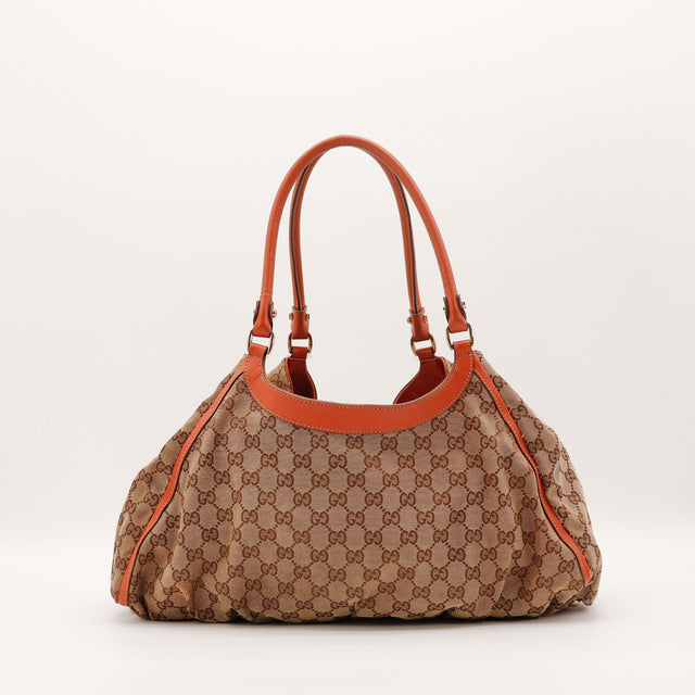 Intérieur doublure textile brune Gucci Tote Horsebit occasion authentique — AMANA Vintage