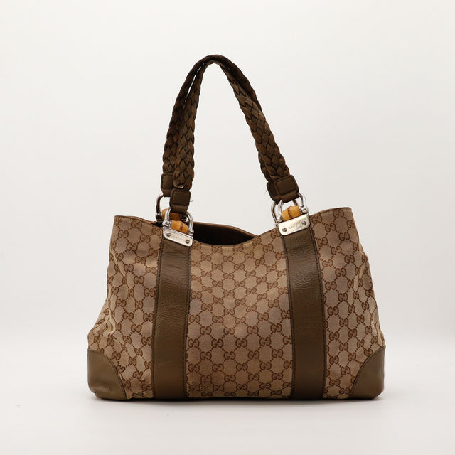 Tote Bag Bamboo Gucci toile GG canvas marron vue de face occasion authentique — AMANA Vintage