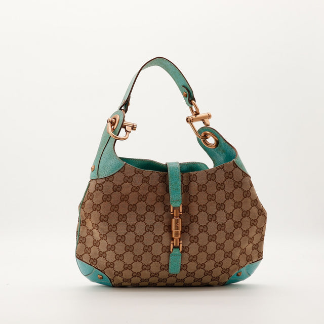 Sac Gucci New Jackie toile GG canvas cuir turquoise vue de face occasion authentique — AMANA Vintage