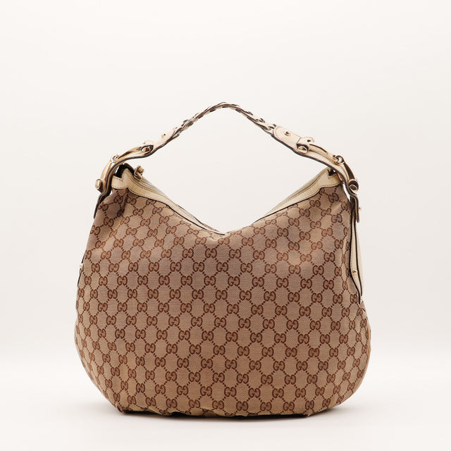 Sac Gucci Hobo Horsebit toile GG beige vue de face occasion authentique — AMANA Vintage