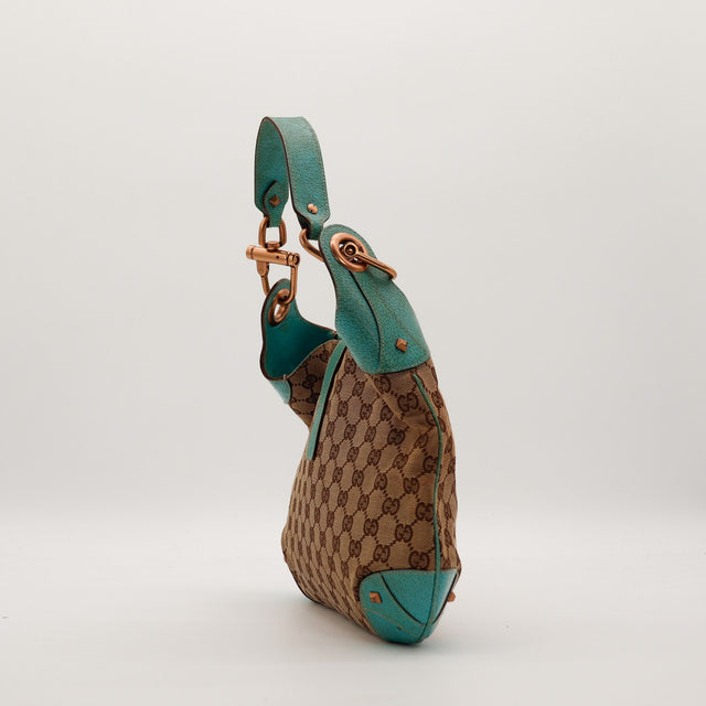 Gucci New Jackie vue de profil droit cuir turquoise occasion — AMANA Vintage