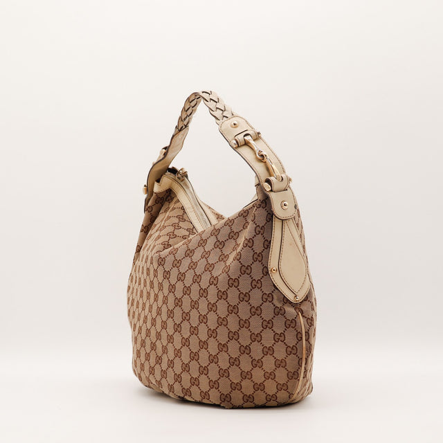 Détail anse tressée cuir ivoire Gucci Hobo Horsebit occasion authentique — AMANA Vintage