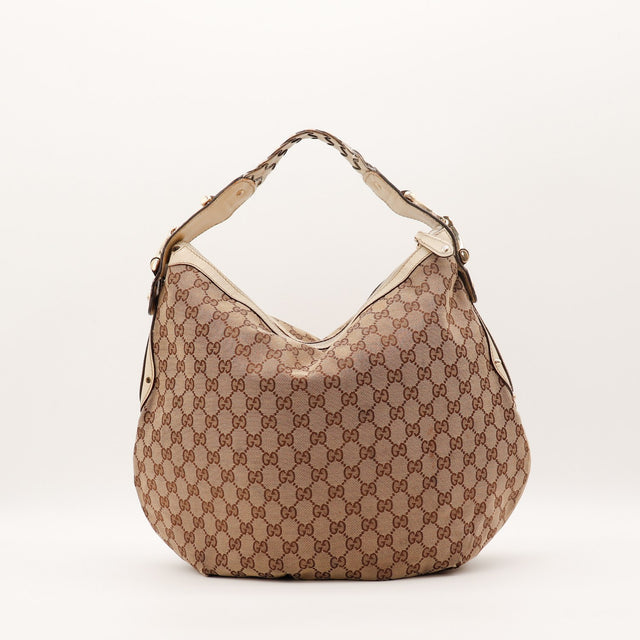 Détail mors doré Gucci Hobo Horsebit toile GG occasion authentique — AMANA Vintage