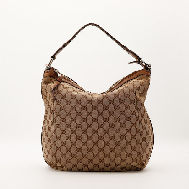 Sac Gucci Hobo Bambou toile GG Canvas beige marron vue de face occasion authentique — AMANA Vintage