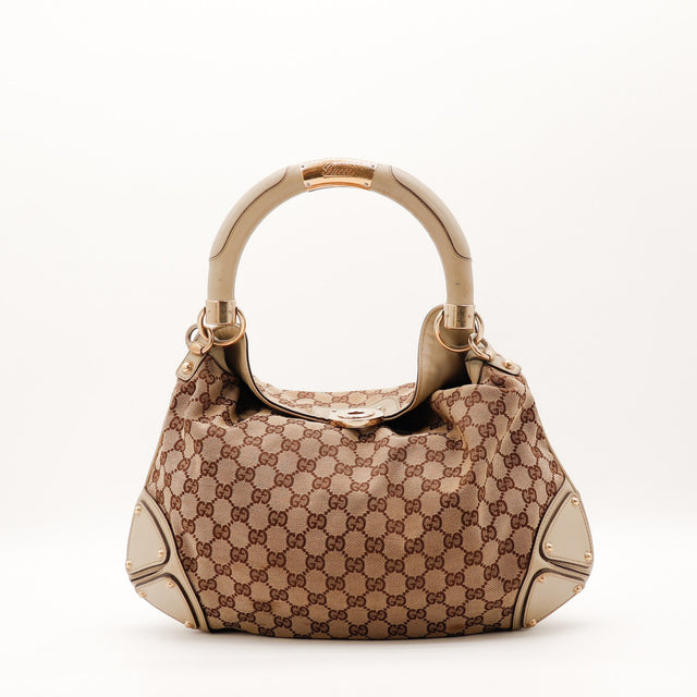 Sac Gucci Indy Hobo toile monogrammée beige vue de face occasion authentique — AMANA Vintage