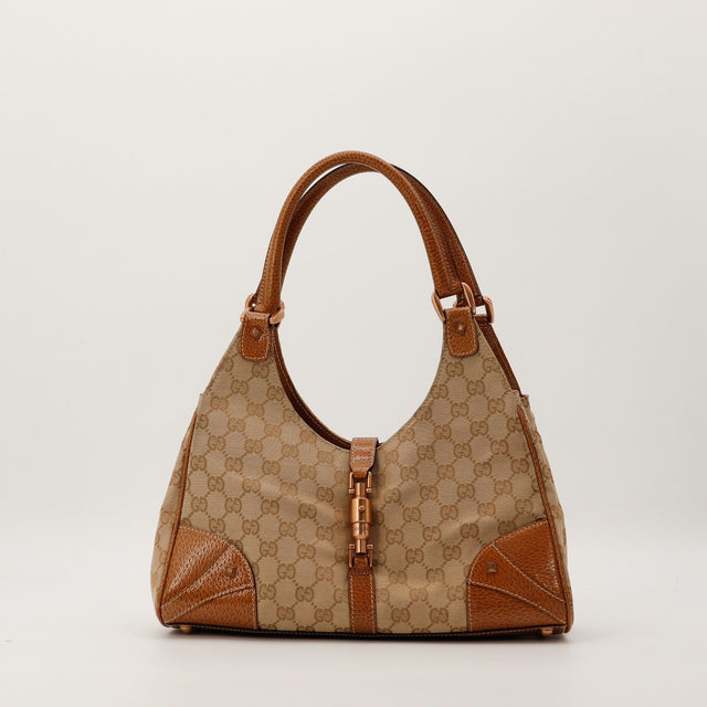 Sac Gucci New Jackie toile GG canvas beige marron vue de face occasion authentique — AMANA Vintage
