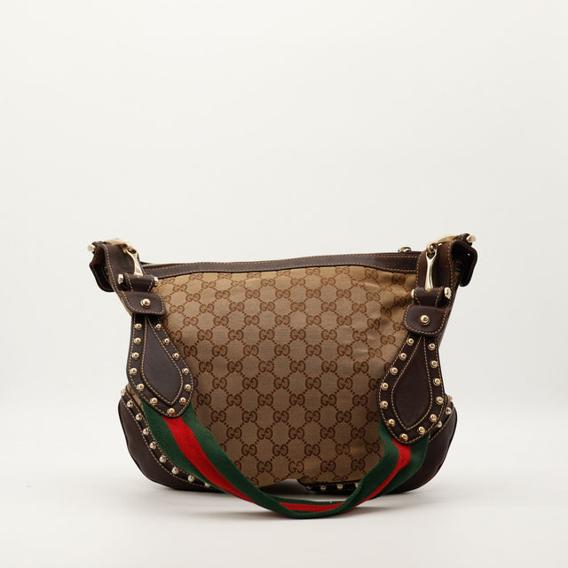 Sac Gucci Hobo Web canvas GG beige cuir marron clous dorés vue de face occasion authentique — AMANA Vintage