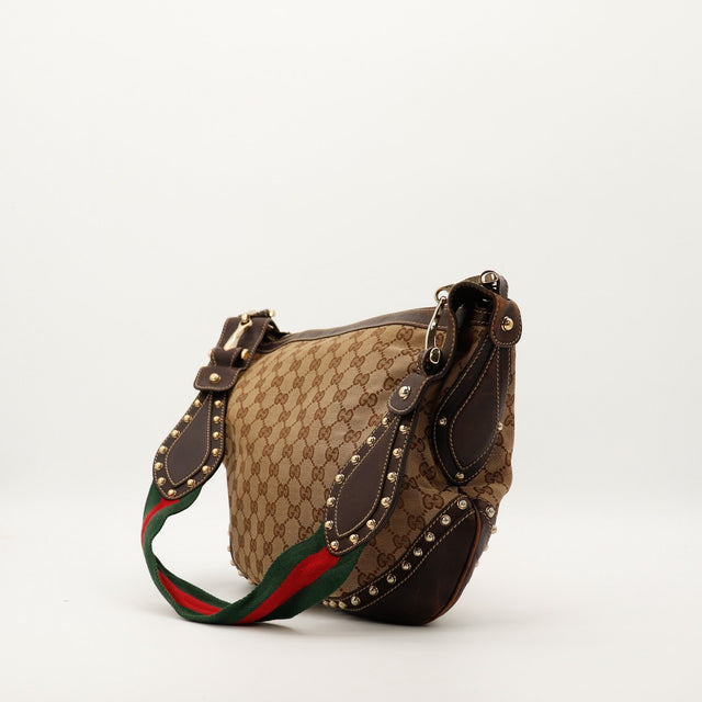 Vue de côté Gucci Hobo Web canvas GG bandoulière cuir marron occasion — AMANA Vintage