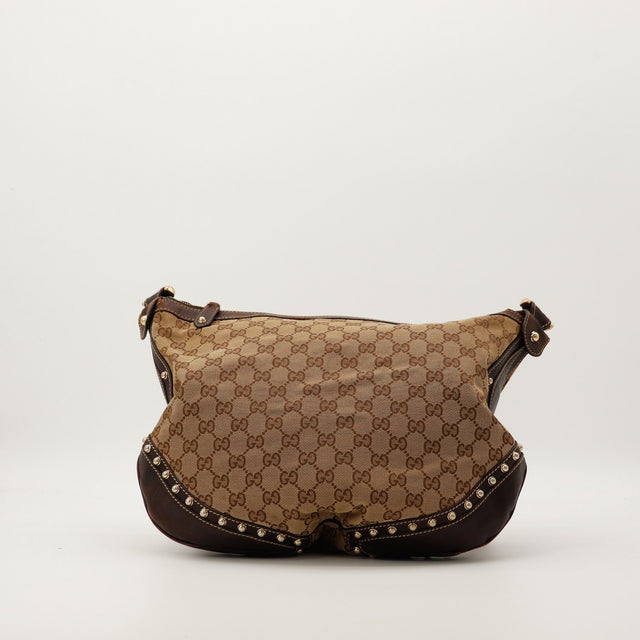 Vue de dos Gucci Hobo Web canvas GG beige cuir marron occasion authentique — AMANA Vintage