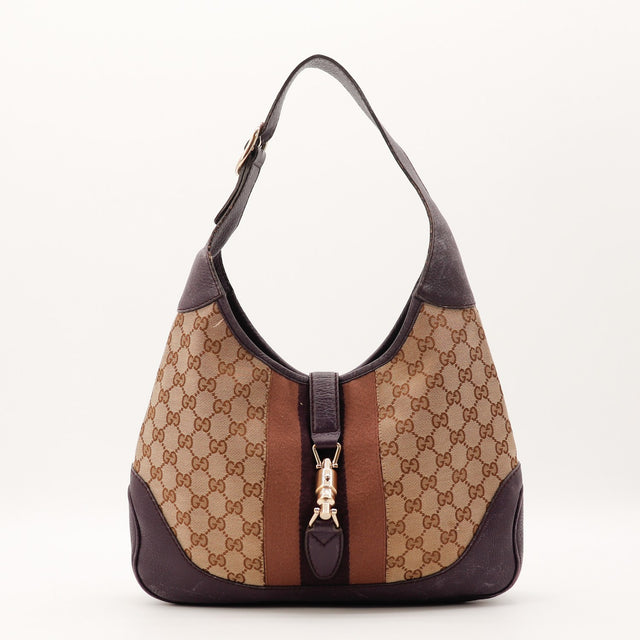 Sac Gucci Jackie toile GG beige bande Web vue de face occasion authentique — AMANA Vintage