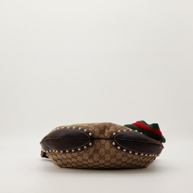 Vue du fond Gucci Hobo Web cuir marron clous dorés occasion — AMANA Vintage